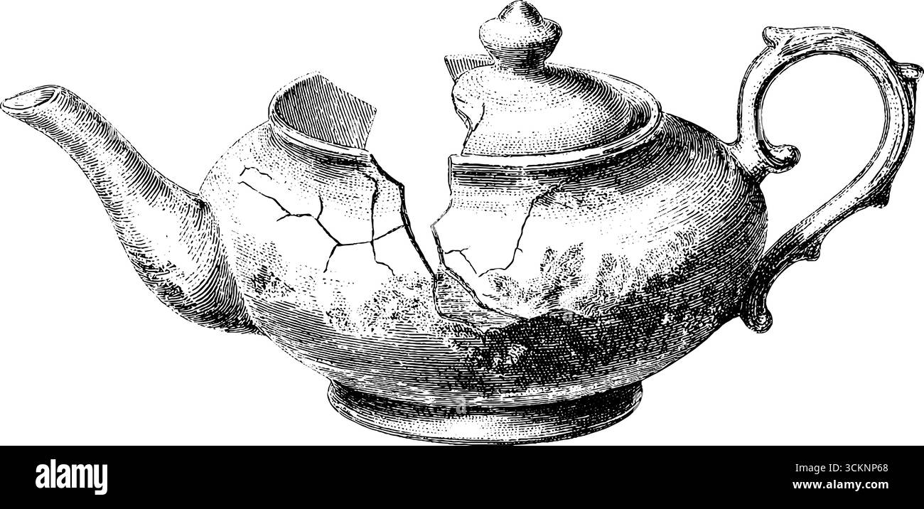 Gravierte Illustration eines geteilten Volumens der Teekanne für künstlerische Projekte. Stock Vektor