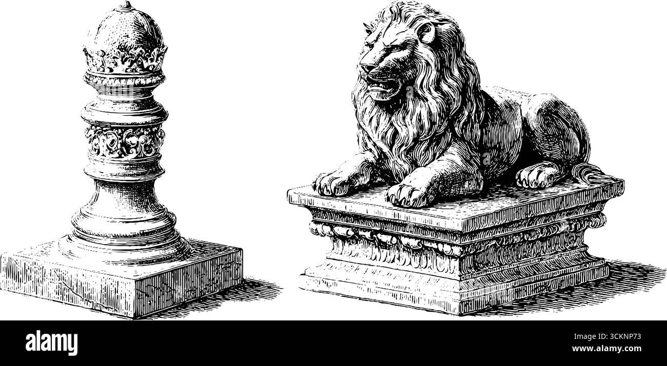 Aufwändige, gravierte Illustrationen von Steinschach-Stücken mit Löwenskulptur. Stock Vektor
