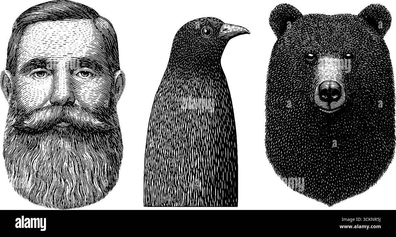 Vintage-Illustrationsset mit gravierten Menschen-, Vogel- und Bärenporträts. Stock Vektor
