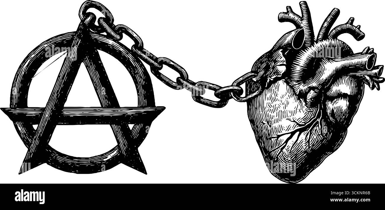 Anarchie und Herzanbindung im Stich-Kunstdesign für Gegenkulturkonzepte. Stock Vektor