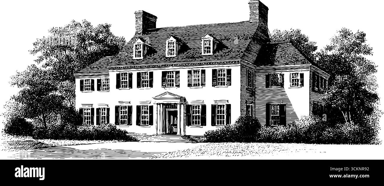 Gravierte Illustration der Kolonialarchitektur mit historischem Charme. Stock Vektor