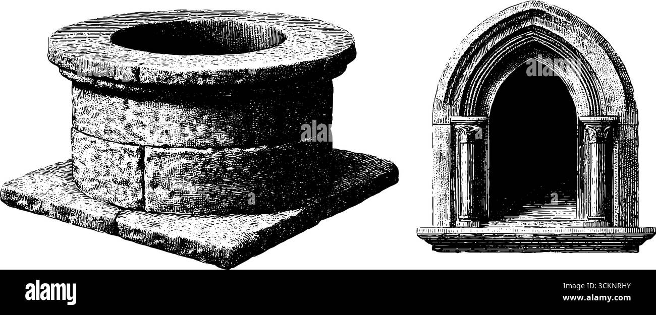 Mittelalterliche Architektur- und Steinmetzkollektion für historische Designprojekte. Stock Vektor