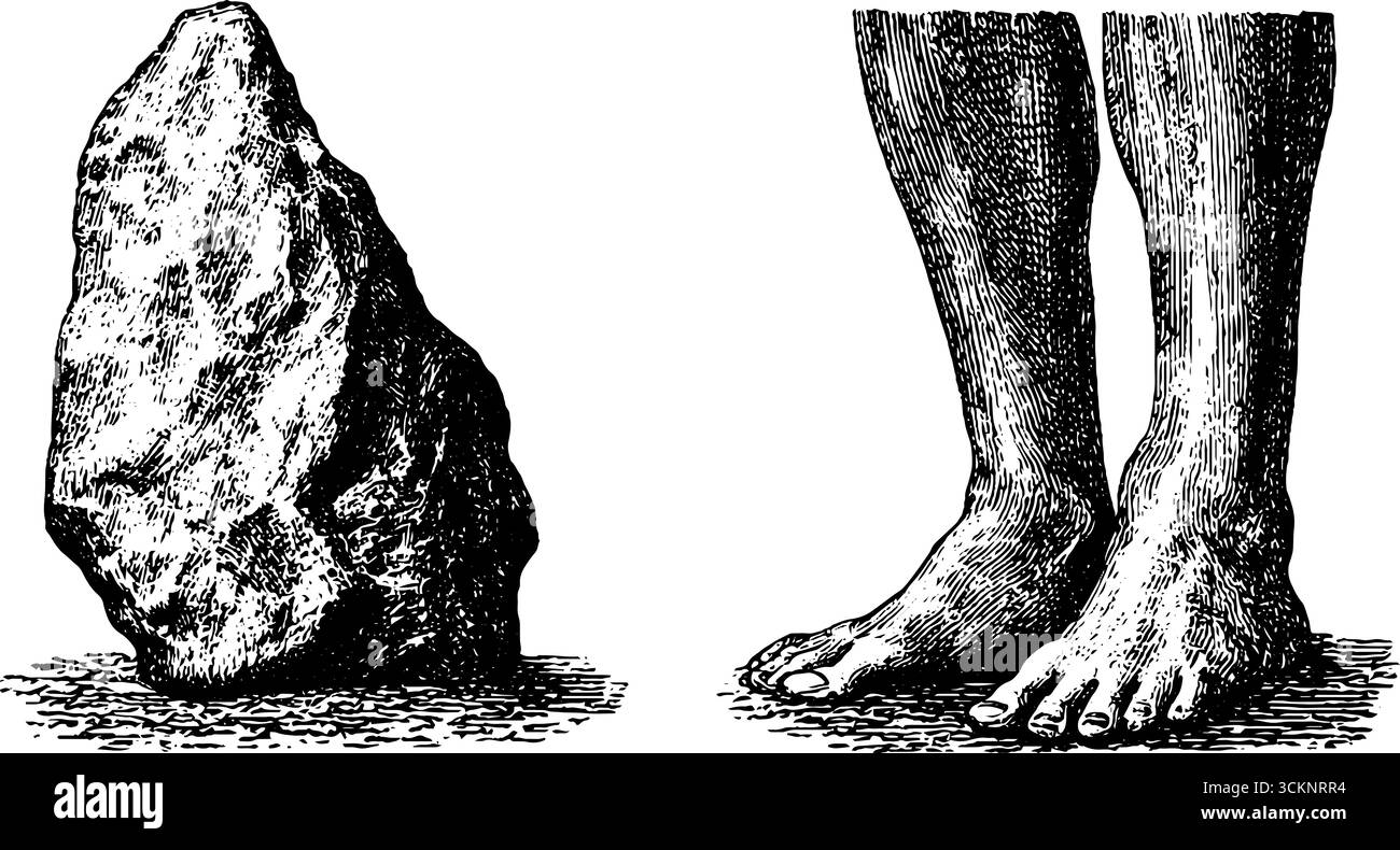 Gravierte Sammlung prähistorischer Figuren mit Stein und menschlichen Merkmalen. Stock Vektor