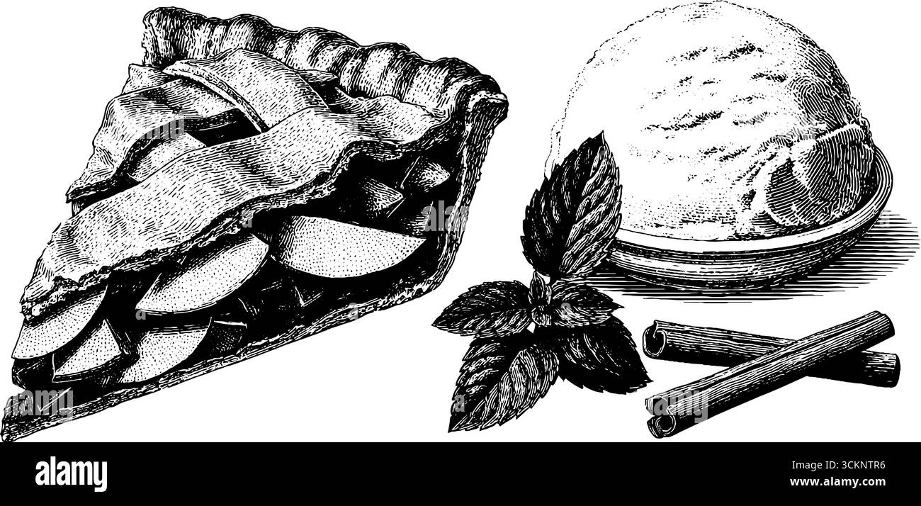 Vintage-gravierte Apfelkuchen-Scheibe mit Eis und Zimt-Illustration. Stock Vektor