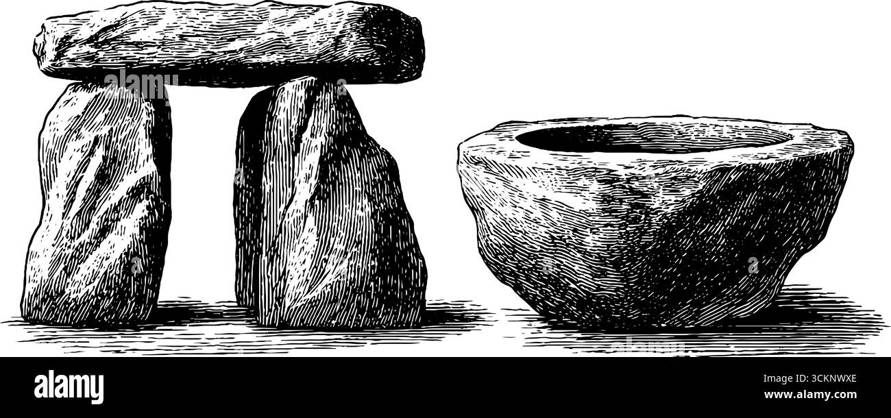 Gravierte Illustration von antiken Dolmen und Steinstrukturen für historische Gestaltung. Stock Vektor