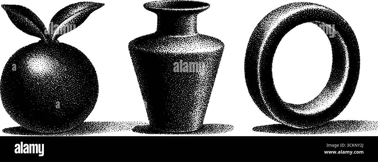 Graviertes Kunstset mit perforierter Vase, Früchten und kreisförmigem Objekt für Designzwecke. Stock Vektor