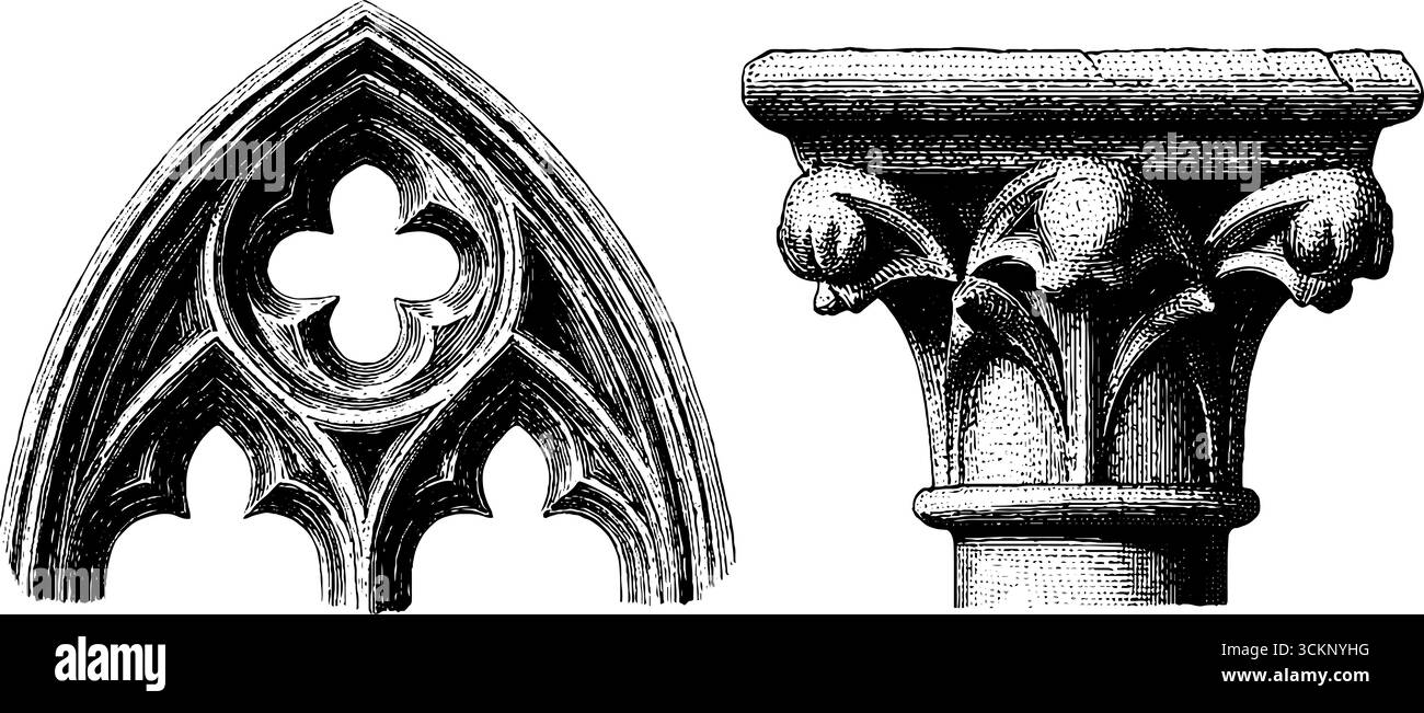 Gravierte gotische Architekturelemente mit spitzem Bogen und dekorativem Säulenkapital. Stock Vektor