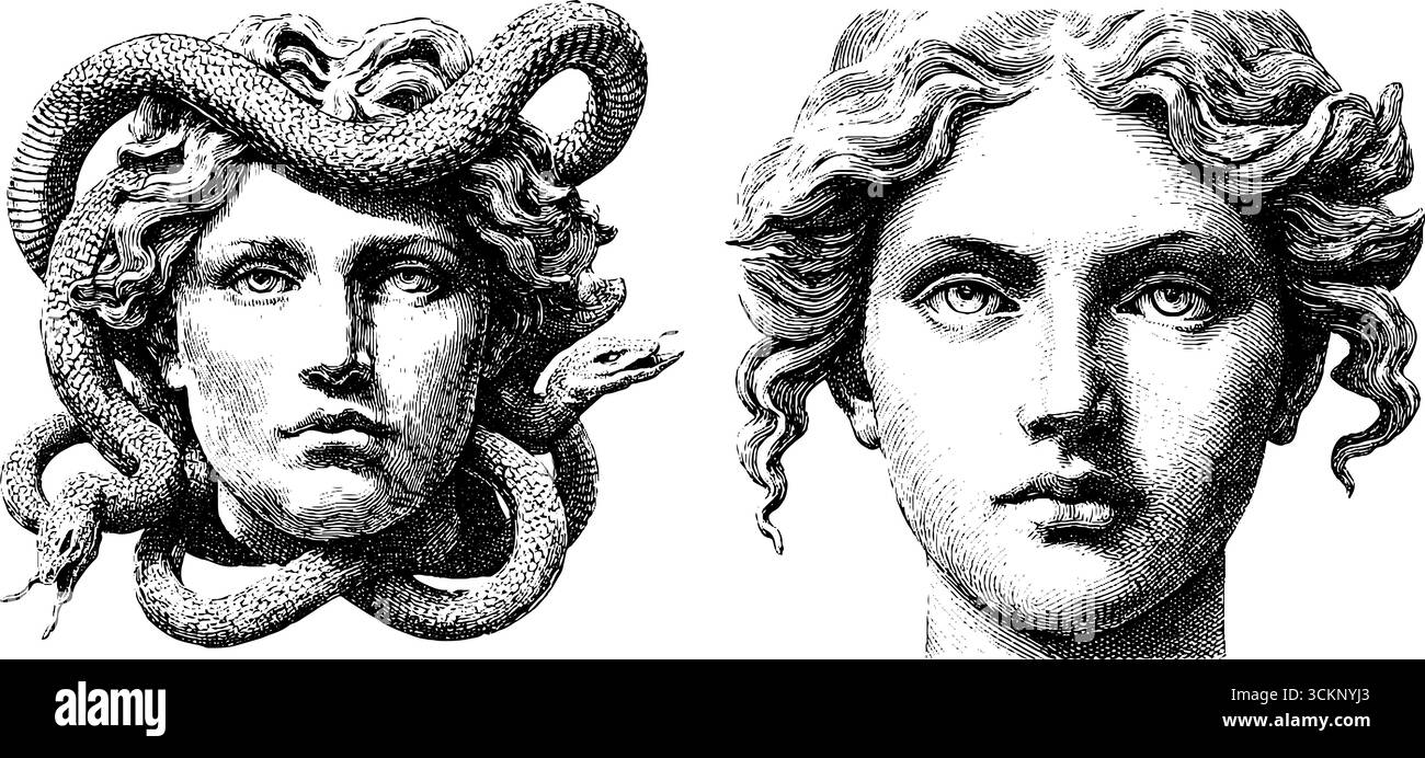 Mythische Gorgongesichter mit kompliziertem Schlangenhaar für künstlerische Zwecke. Stock Vektor