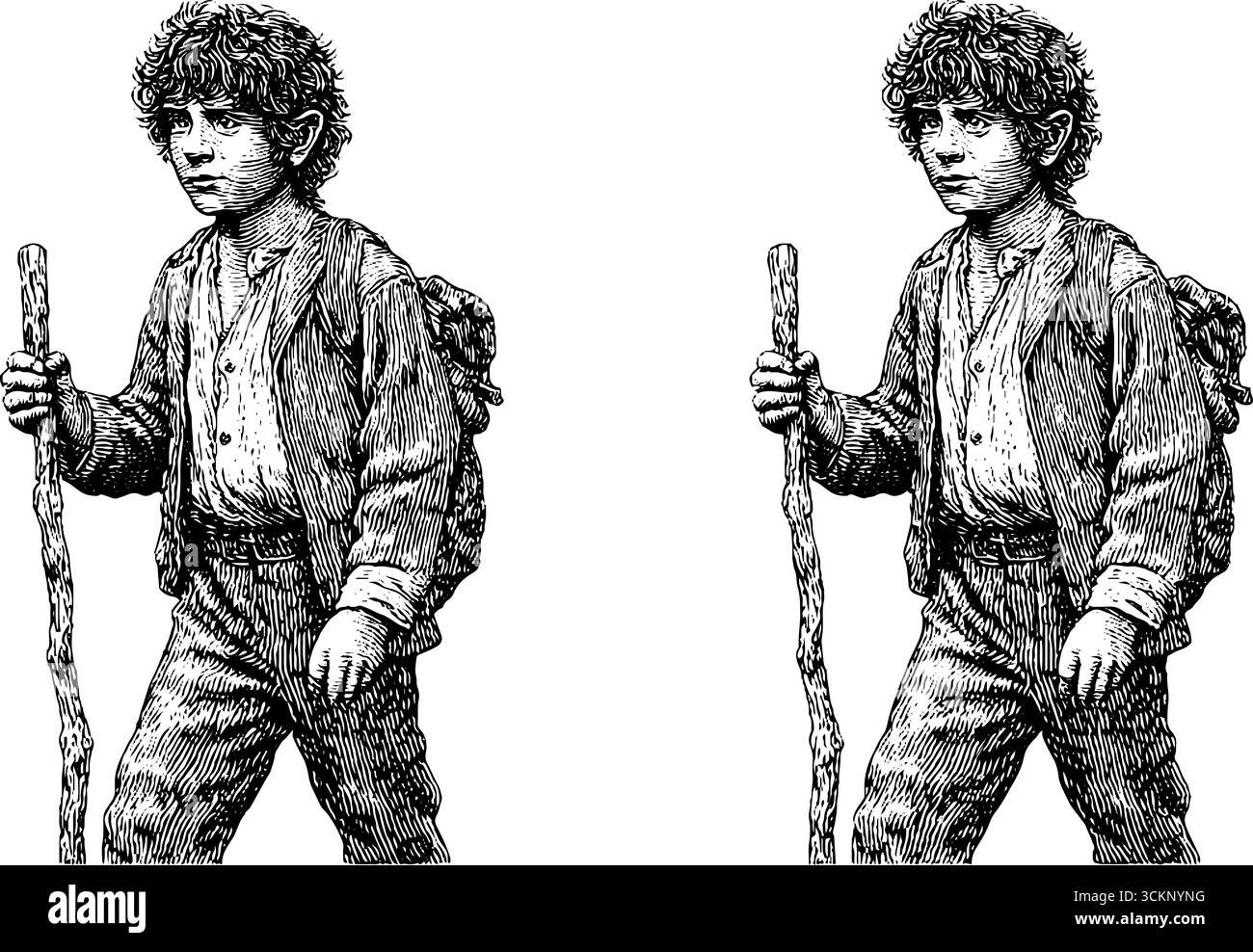 Gravierte Illustrationen aus Hobbit-Charakteren mit lockigem Haar für ein fantastisches Design. Stock Vektor