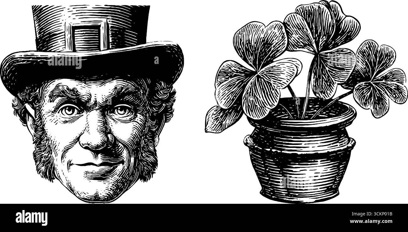 Leprechaun mit Kopfhut und Kleeblatt für die Feierlichkeiten zum st. patrick's Day. Stock Vektor