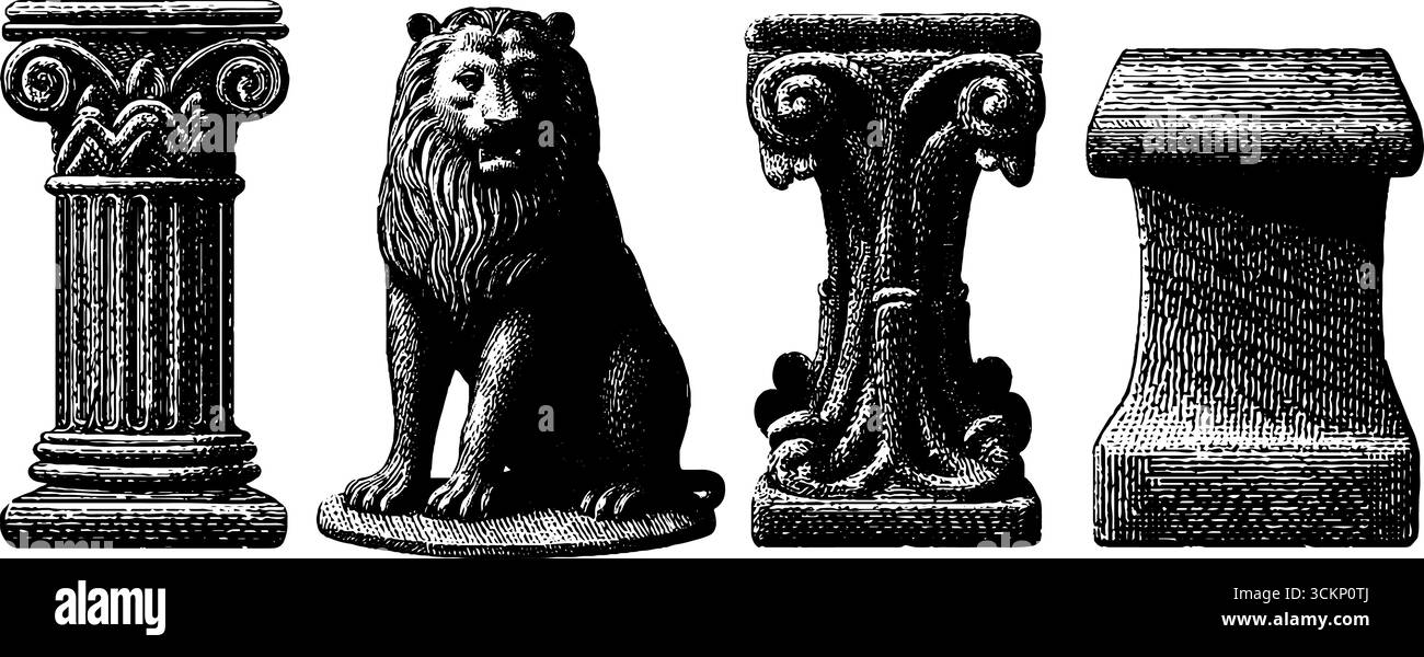 romanische Säulen und Skulpturen mit Gravur für historisches architektonisches Design. Stock Vektor