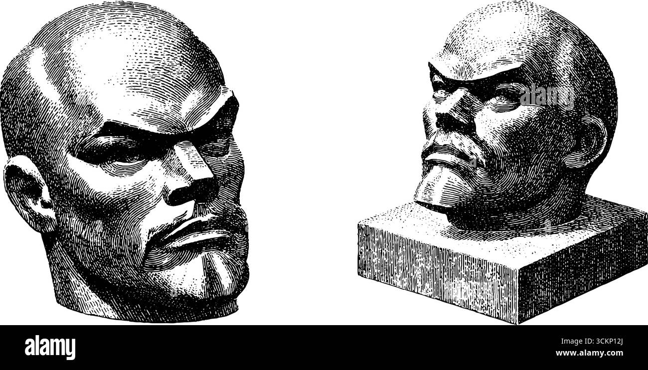 Gravierte Illustration der sowjetischen Denkmalskulptur für historische und kulturelle Gestaltung. Stock Vektor