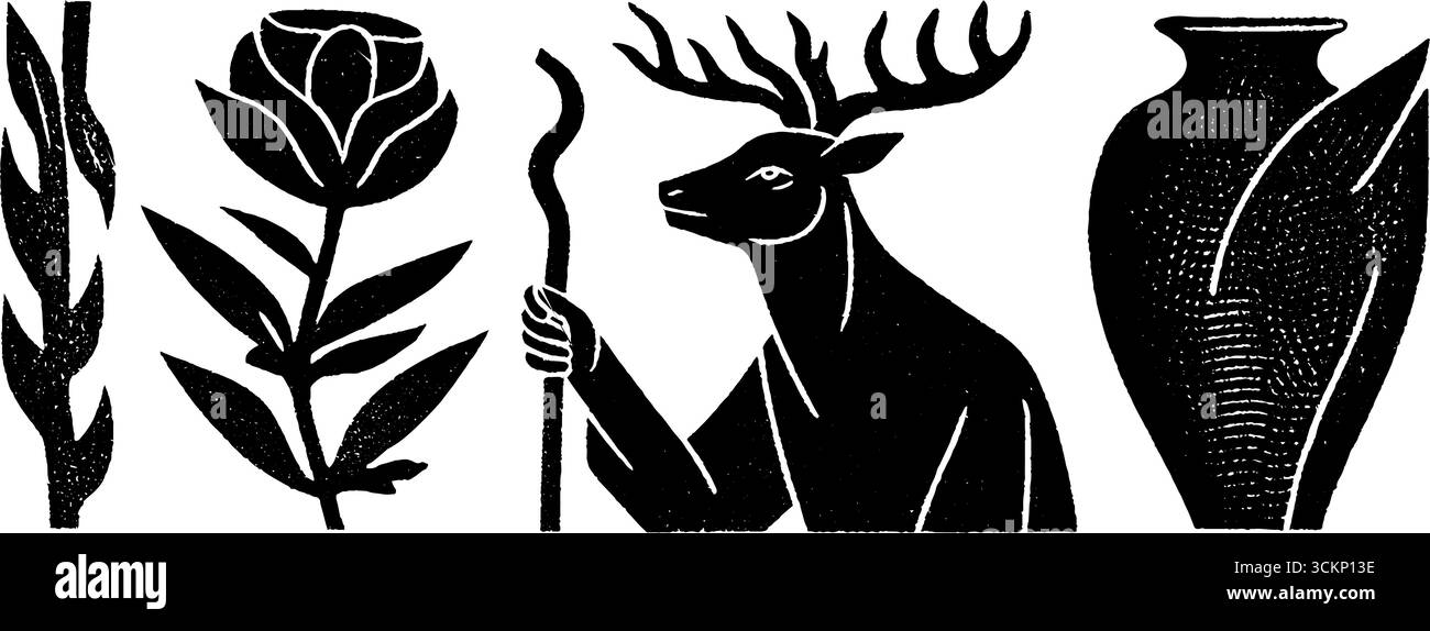 Neo Folk Art: Waldgeist Illustration mit Hirsch, Vase und Blumenmotiven für Wandkunst. Stock Vektor