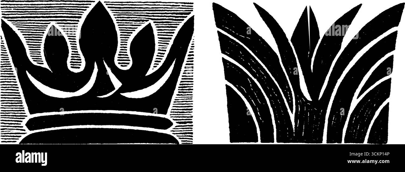 Von Volkskunst inspirierter Holzschnitt-Druck mit symmetrischen Mustern und rustikaler Textur. Stock Vektor