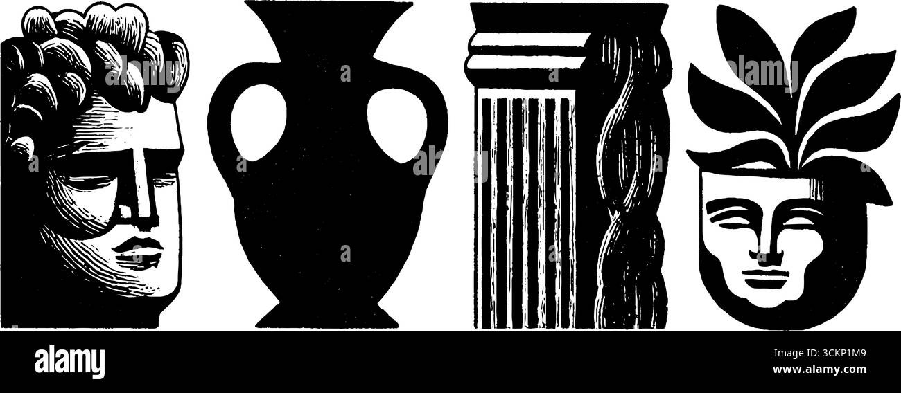 Neo Folk Art Holzschnitt Stil mit klassischem Büsten, Vasen, Säulen und Pflanzen Design. Stock Vektor