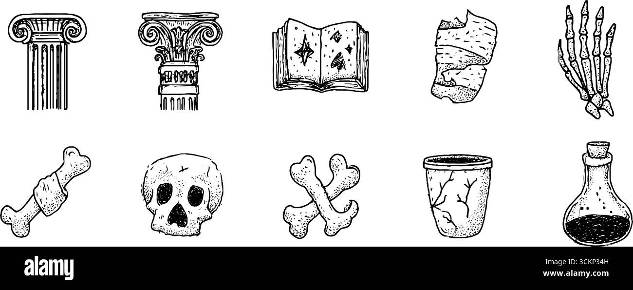 Gotische Säulen und skurrile Skizzen mit Knochen, Schädeln und Tränken für kreatives Design. Stock Vektor