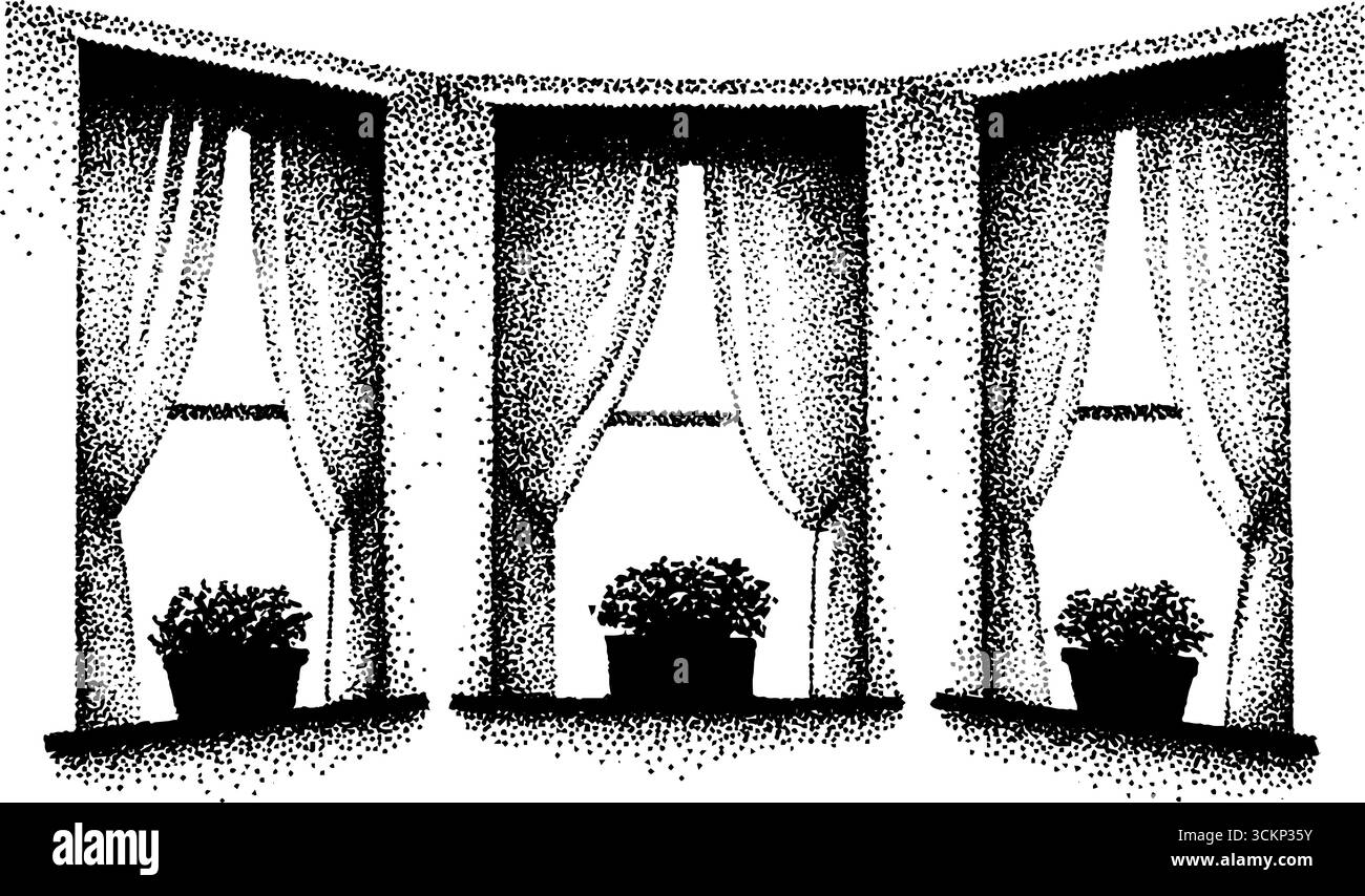 Farbton im Fensterinnenraum mit Pflanzen und Vorhängen. Stock Vektor