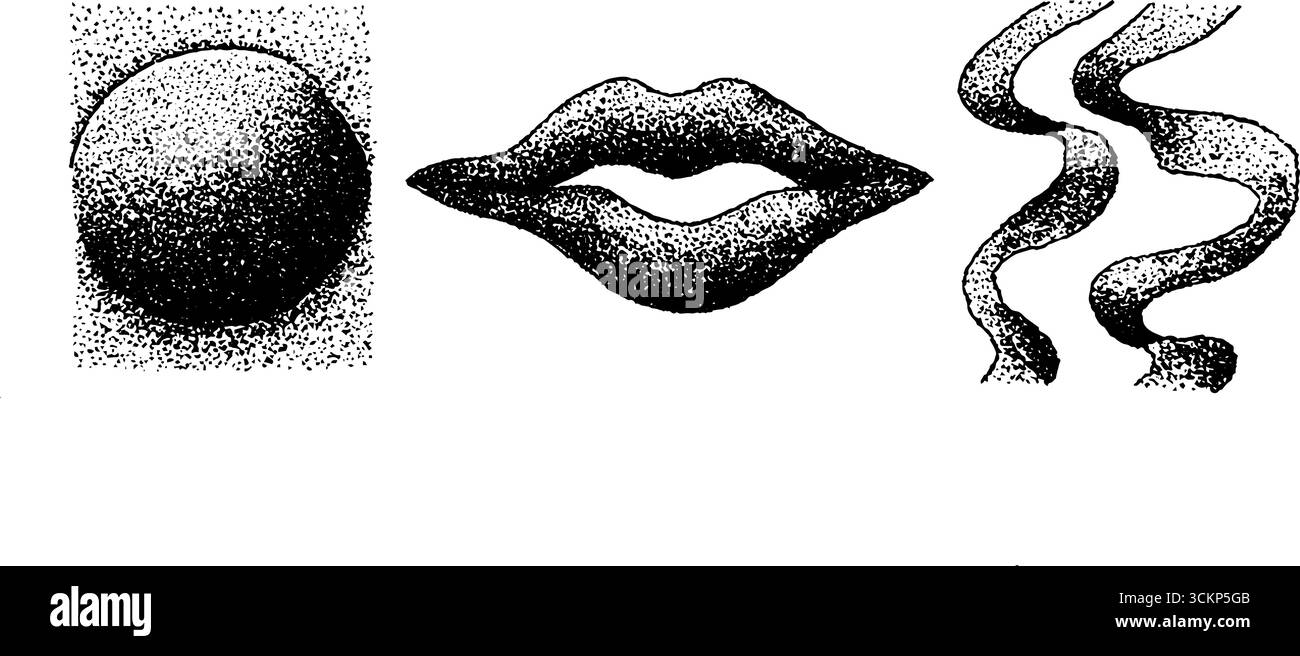 Kunstkollektion mit Tusche und Lippenkugel und abstrakten Kurven. Stock Vektor