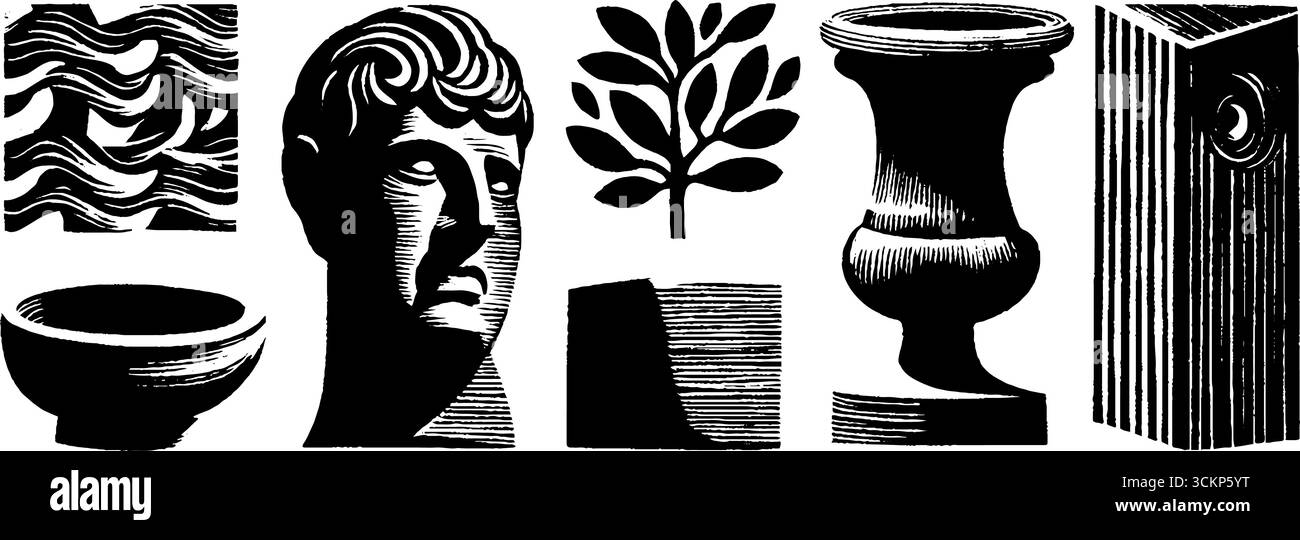 Holzschnitt-Illustrationen im Stil von Neo-Folk-Art mit abstrakten und klassischen Elementen. Stock Vektor