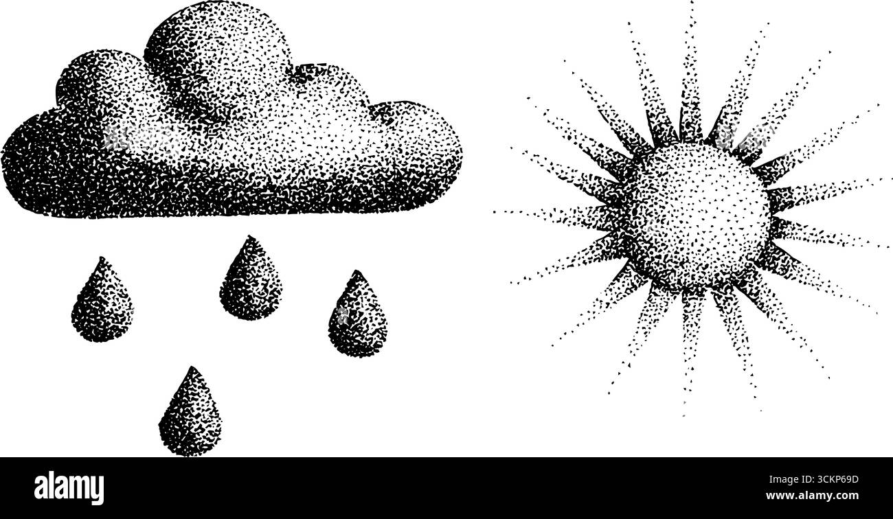 Künstlerischer Wetterkontrast mit Tuschentechnik - Sonnen- und Regenwolkendesign. Stock Vektor