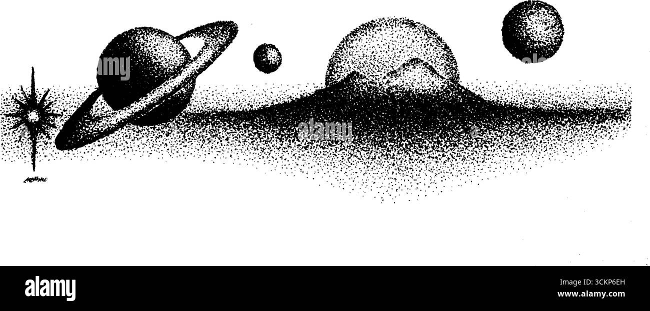 Kosmische Landschaften: Tuschkunst von Planeten und Bergen. Stock Vektor