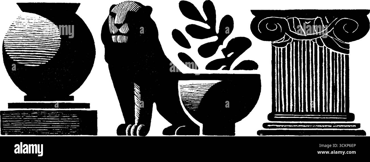 Neo-Folk-Art-Interpretation klassischer Skulpturen und architektonischer Elemente im Holzschnitt-Stil. Stock Vektor