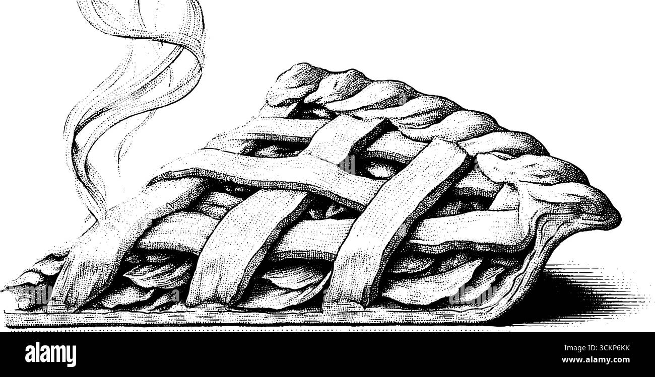 Warme Scheibe Apfelkuchen mit Gitterkruste und aufsteigendem Dampf für Desserts oder kulinarische Designs. Stock Vektor