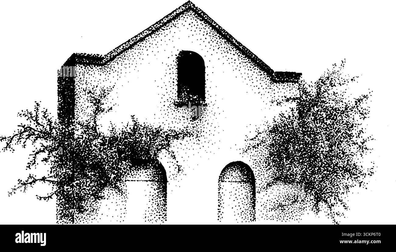 Detaillierte Tuschkunst eines rustikalen Gebäudes mit Rastereffekt. Stock Vektor