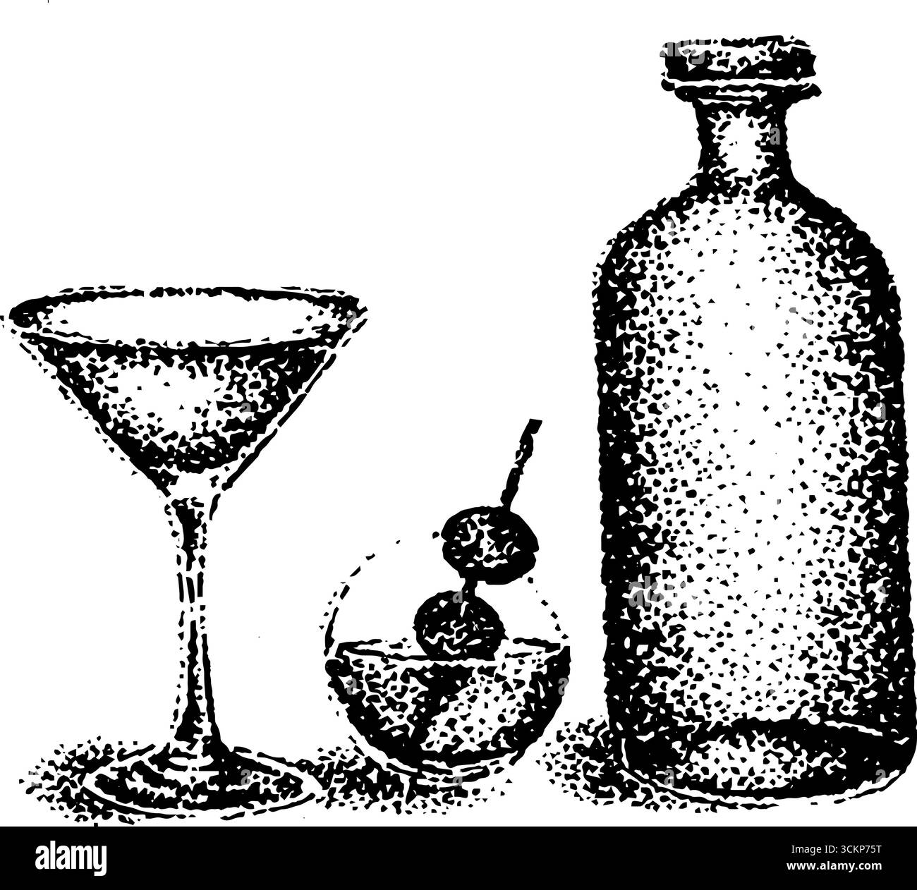 Vintage-Tusche aus Martini-Glas und Oliven mit Flasche für elegantes Design. Stock Vektor