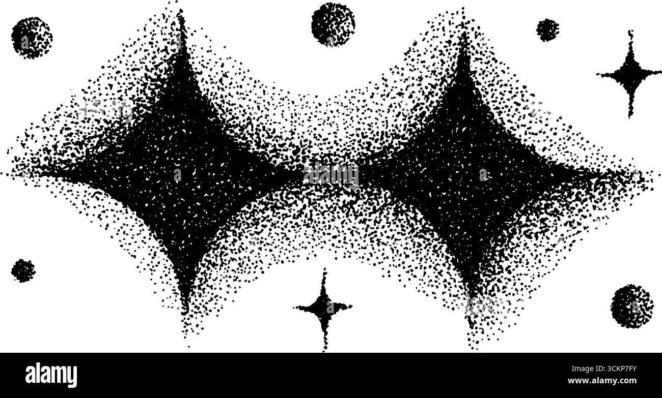 Raffinierte, stippelnde Farb-Halbtongrafik mit geometrischen Elementen und Sternelementen für kreatives Design. Stock Vektor