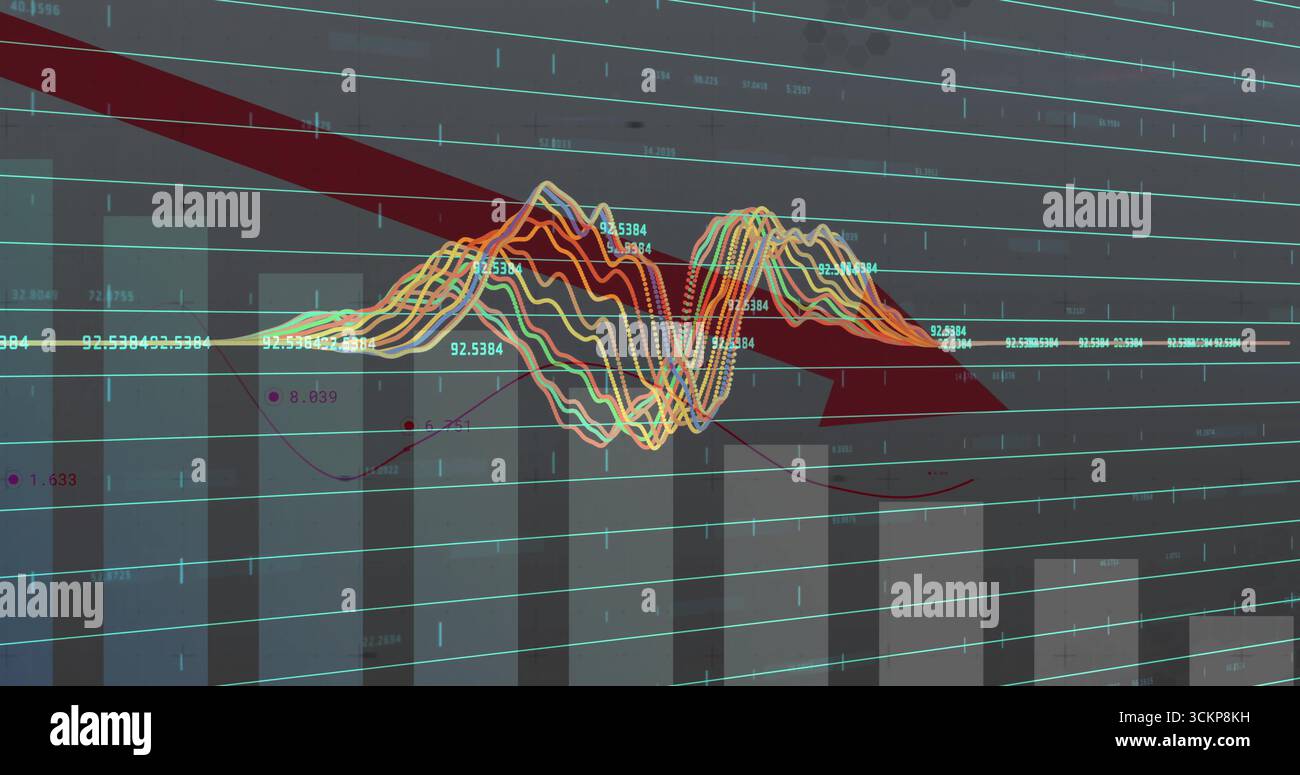 Anzeigen des Armaturenbretts auf dem Bildschirm mit rotem Pfeil, der über Balkendiagramm und farbenfrohen Linien verläuft Stockfoto