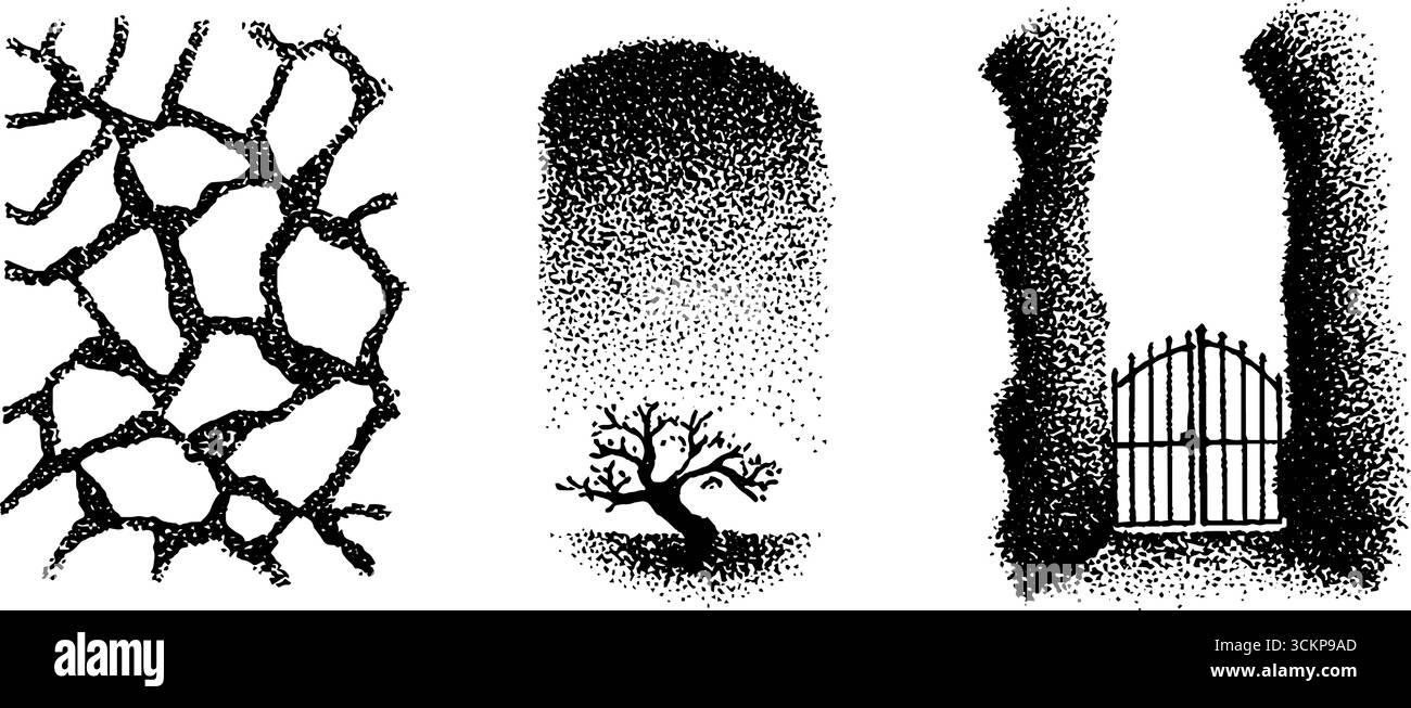 Surreale Stippgrafik mit Baum und Anschnitt in Halbtonfarben. Stock Vektor