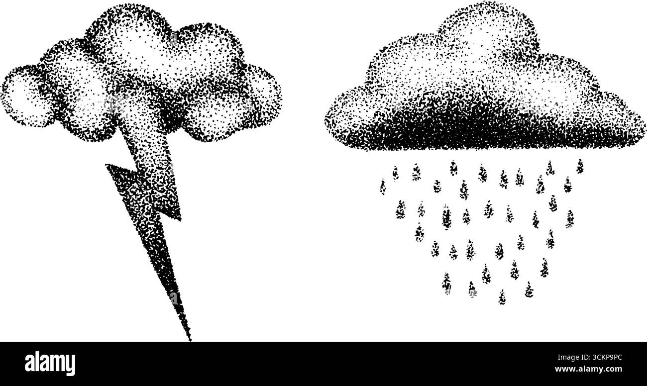 Komplizierte Tintenwolken mit Blitz- und Regenelementen. Stock Vektor