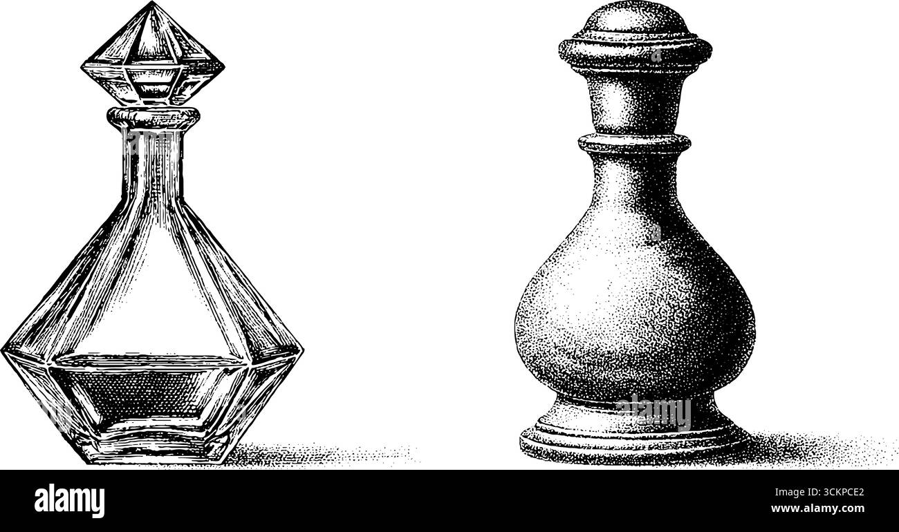 Moderne Glaskaraffe aus der Mitte des Jahrhunderts mit eckigem Design für Wohnkultur. Stock Vektor