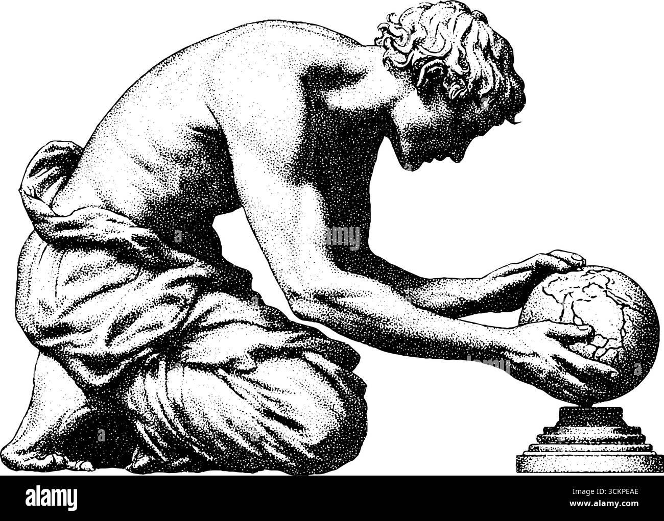 Klassische atlas-Statue kniend mit einer zerrissenen Kugel, die den Mythos des atlas darstellt. Stock Vektor