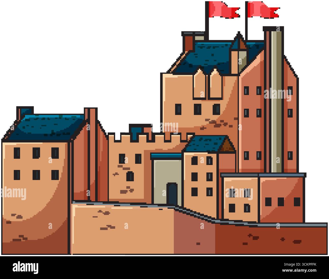Flache Vektor-Illustration eines traditionellen schottischen Schlosses mit roten Fahnen und warmen geometrischen Formen. Stock Vektor