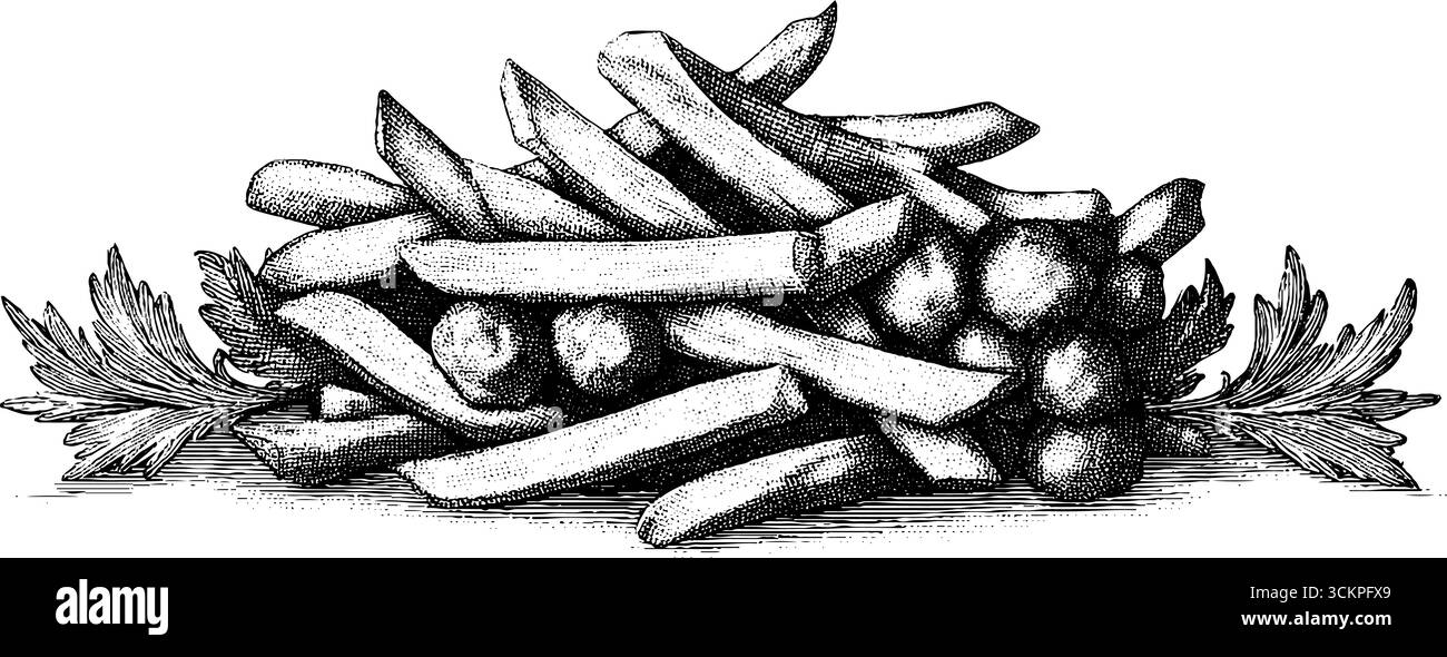 Beladene Pommes Frites mit Chili und Käse garniert mit Petersilie - perfekt für Liebhaber von Komfortgerichten. Stock Vektor