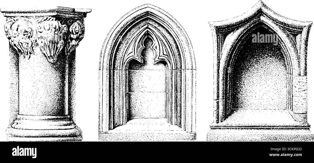 Gotische Architekturelemente mit Steinfeldern und Blindbögen für Designprojekte. Stock Vektor