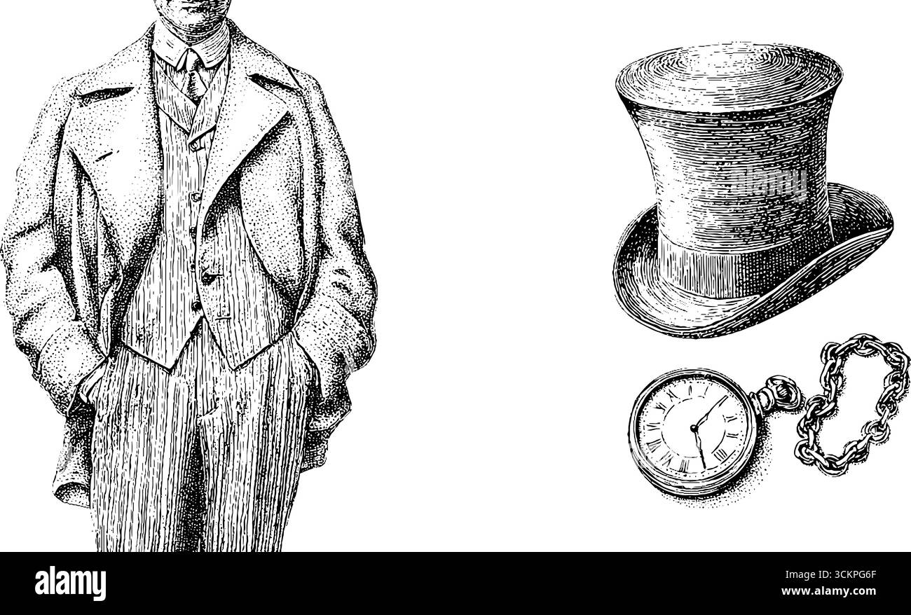 Vintage-Mode-Set für Herren aus den 1920er Jahren mit Morgenmantel, gestreifter Hose, Hut und Taschenuhr. Stock Vektor