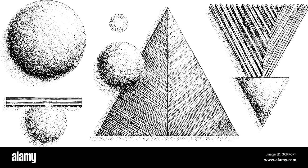 Geometrische Komposition mit geneigtem Kreis, parallelen Balken und dreieckigen Formen für kreatives Design. Stock Vektor