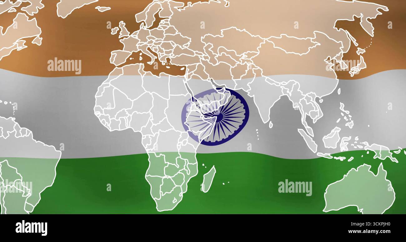 Zeigt die digitale Weltkarte vor safranweißgrünem Hintergrund mit blauem Ashoka Chakra Emblem Stockfoto