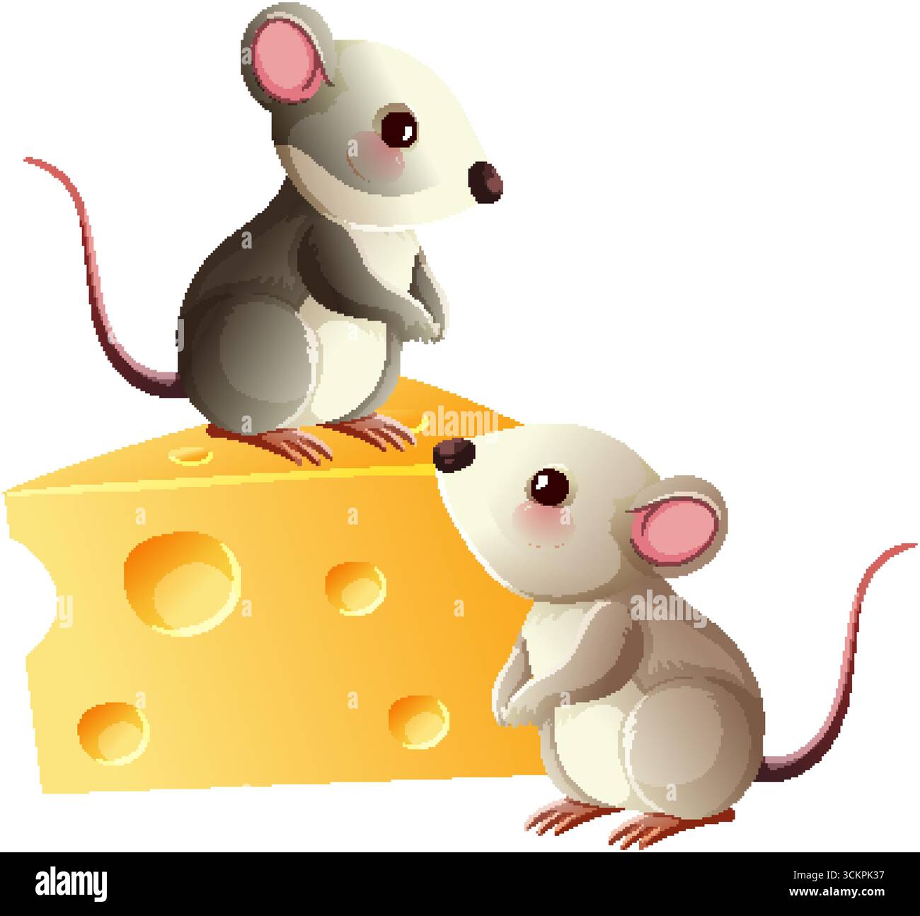 Zwei niedliche Mäuse mit großen Ohren sitzen in der Nähe eines Käsekeils, helle Vektor-Illustration Stil Stock Vektor