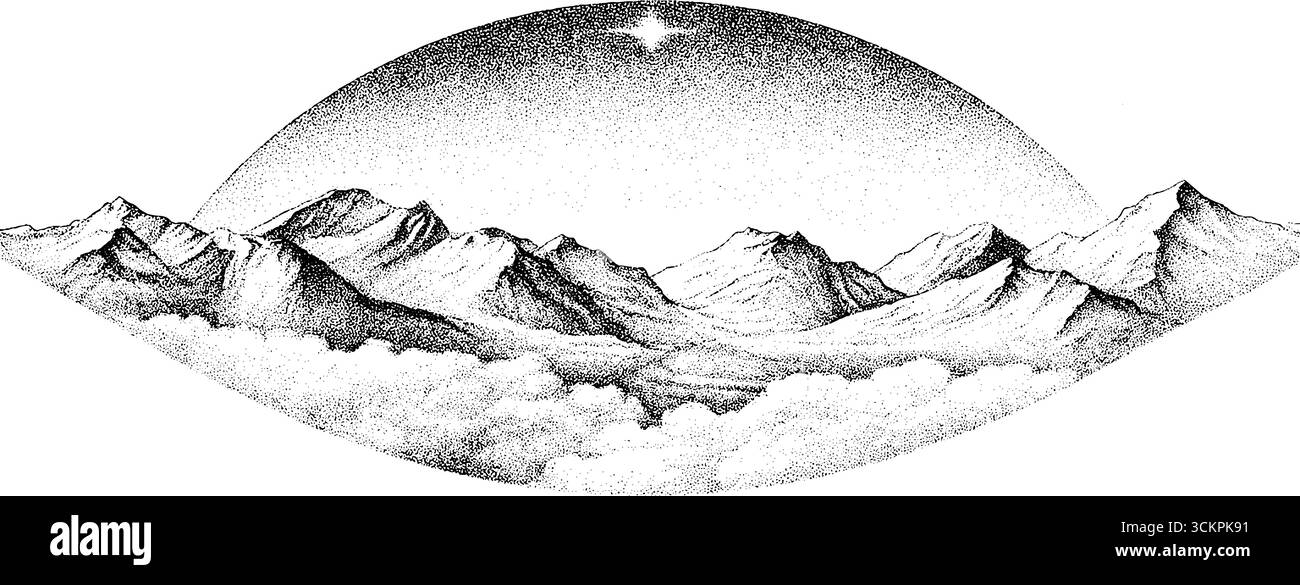 Abenddämmerhimmel und Sternennacht über Berglandschaften. Stock Vektor