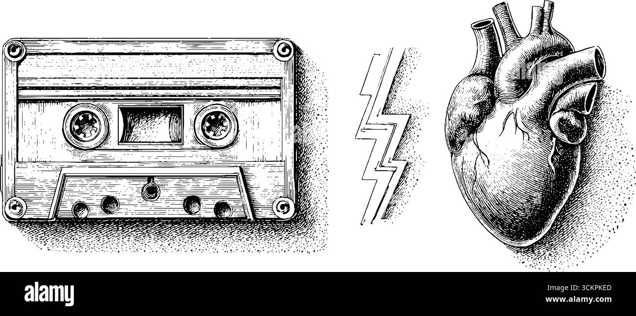 Nostalgisches Retro-Kassettenband und Vintage-Comic-Art mit anatomischer Herzillustration. Stock Vektor
