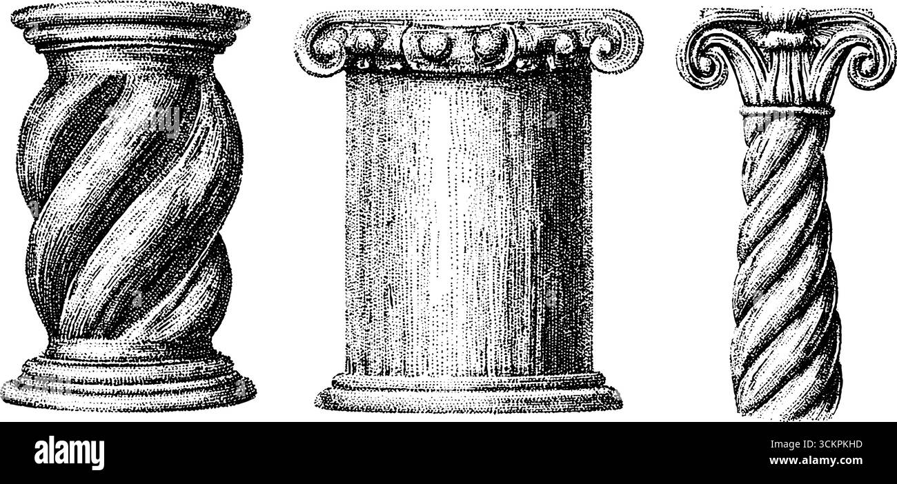 Komplizierte Spiralsäulen und geschnitzte Kapitelle für architektonische Designprojekte. Stock Vektor