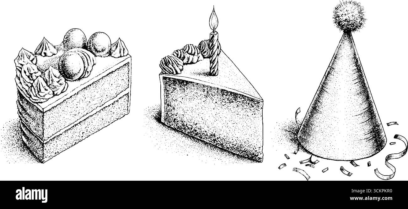 Desserts und Kerze mit festlichem Partyhut-Design. Stock Vektor