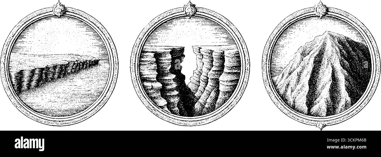 Geologische Verwerfungsabfälle und Zifferblätter auf der richterskala für pädagogische Zwecke. Stock Vektor