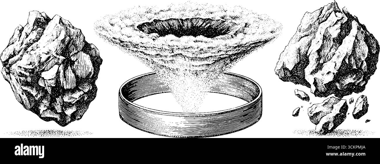 Asteroideneinschlagskrater und Steinschlaggesteine für pädagogische und wissenschaftliche Zwecke. Stock Vektor