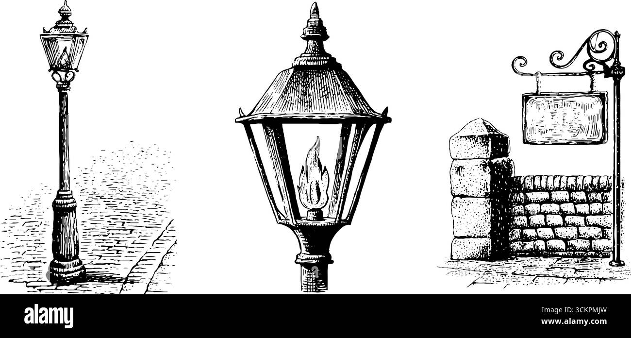 Viktorianische Straßenlaternen und Kopfsteinpflaster für historische Themenprojekte. Stock Vektor