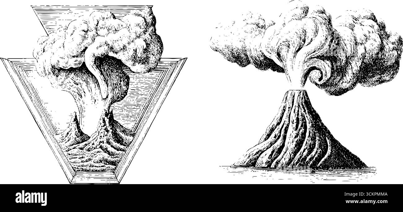 Komplexe Illustrationen von vulkanischen Unterwasserdüsen und hydrothermalen Federn für pädagogische und wissenschaftliche Zwecke. Stock Vektor